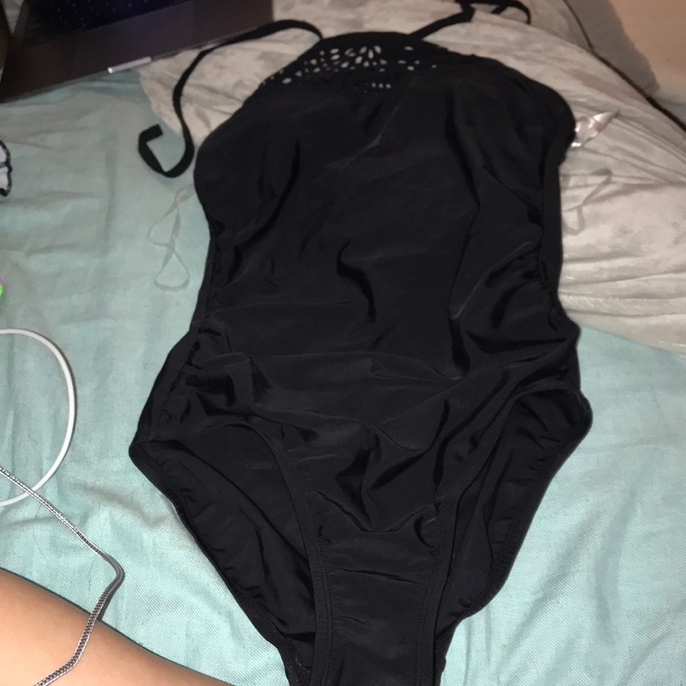 Black high neck swimsuit with pattern on top
